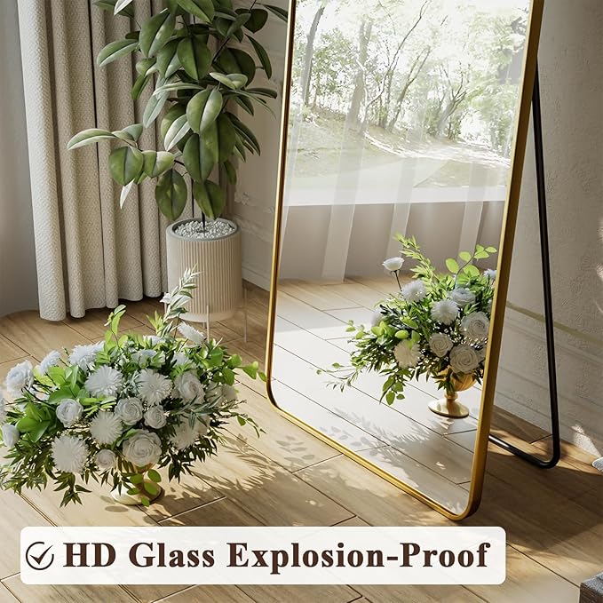 65"x24" Floor Full Length Mirror Standing Full Body Rounded Corner Rectangle Mirrors with Stand Hanging Wall Mounted Leaning Bedroom Living Room Bedroom Cloakroom,Gold