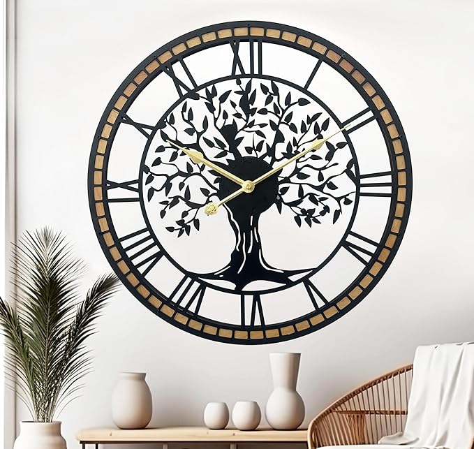 Large Wall Clock for Living Room Decor 24 Inch Tree of Life Metal Wall Art - Oversized Non-Ticking Battery Operated Silent Clock for Kitchen/Bedroom Home Decor