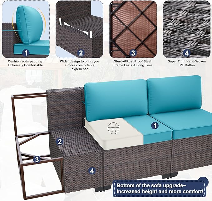 Kurapika 11 Pieces Patio Furniture Set, Rattan Wicker Outdoor Conversation Sets w/43in Propane Fire Pit Table, Swivel Rocking Chairs Patio Sectional Sofa w/4 Inch Cushion, Blue