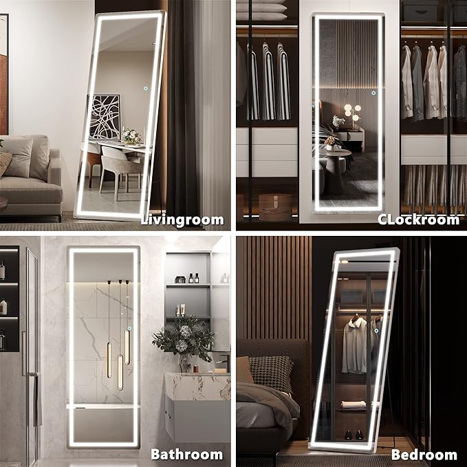 Hasipu Full Length Mirror with Lights, 61" x 22" LED Floor Mirror, Full Body Dressing Standing, Hanging Mounted Mirror for Living Room Bedroom Cloakroom, Round White
