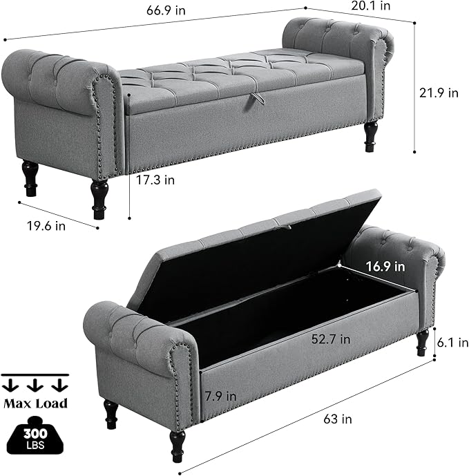 67 Inch Storage Bench for Bedroom, Linen End of Bed Bench, King Size Bench with Rolled Arms, Upholstered Tufted Button Storage Ottoman, Living Room, Entryway, Light Grey