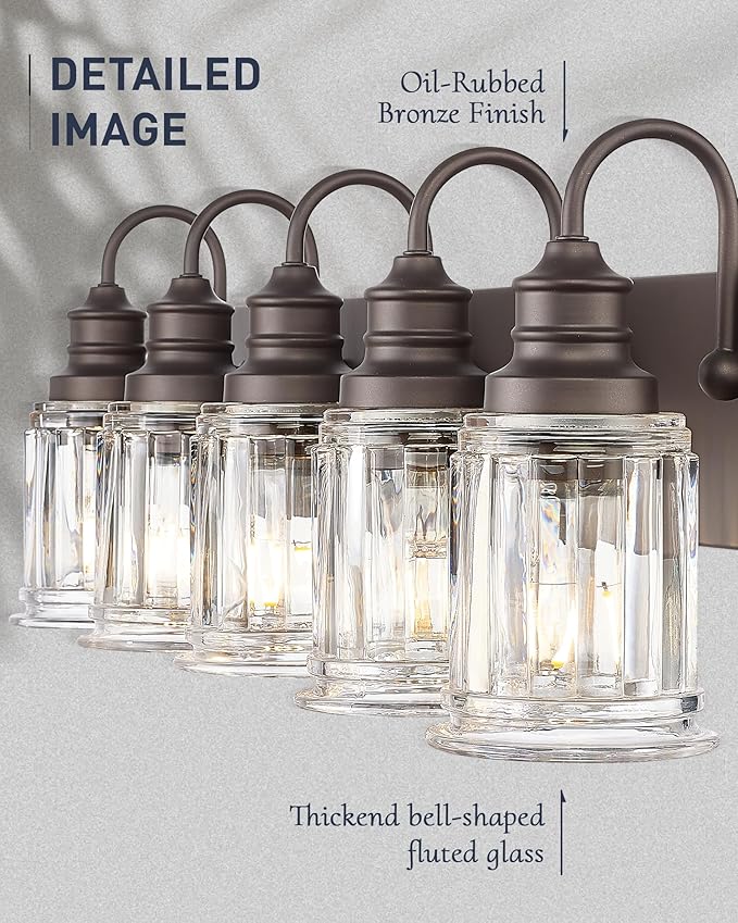 5 Light Bathroom Vanity Light - HWH Farmhouse Vanity Lights for Bathroom Wall Light Fixtures Over Mirror Oil-Rubbed Bronze, Bell-Shaped Fluted Clear Glass, 5HZG106B-5W ORB