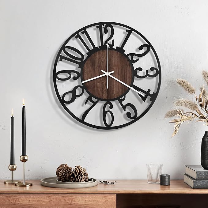 Maxstar Wall Clock Battery Operated,Silent Non-Ticking Modern Rustic Metal Round Clocks Small for Living Room/Bedroom/Office/Kitchen/Farmhouse Home Decor-12 Inch(Brown-Wood)