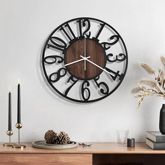 Maxstar Wall Clock Battery Operated,Silent Non-Ticking Modern Rustic Metal Round Clocks Small for Living Room/Bedroom/Office/Kitchen/Farmhouse Home Decor-12 Inch(Brown-Wood)