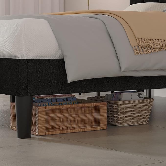 VECELO Queen Size Bed Frame with Upholstered Headboard, Velvet Platform Bedframe Mattress Foundation, Strong Wood Slat Support, No Box Spring Needed,Black