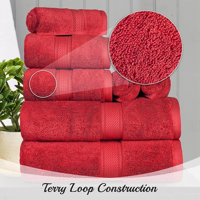 Superior Egyptian Cotton Pile 8 Piece Towel Set, Includes 2 Bath, 2 Hand, 4 Face Towels/Washcloths, Ultra Soft Luxury Towels, Thick Plush Essentials, Guest Bath, Spa, Hotel Bathroom, Red
