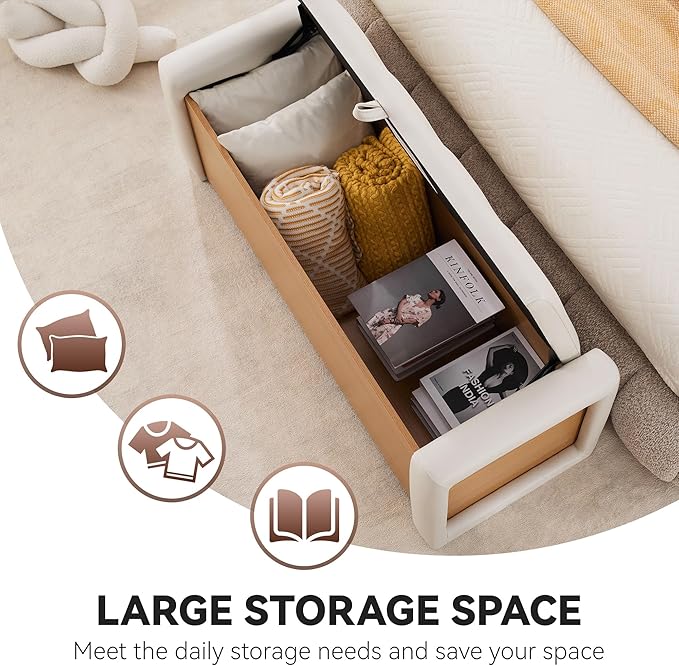 48" Large Storage Ottoman Bench, Faux Leather Upholstered Bed Bench with Button Tufted, End of Bed Ottoman with Safety Hinge for Bedroom, Living Room, Window，or Entryway, Beige Shoe Storage Chest