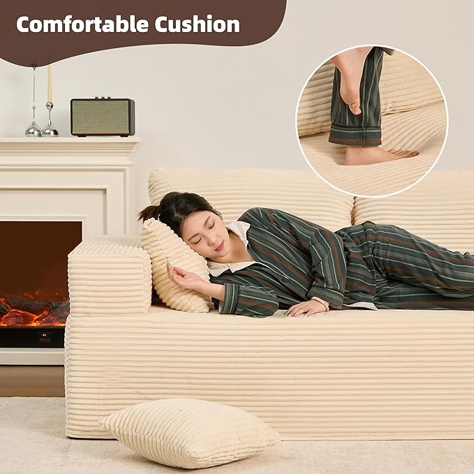 138" Modular Sofa Memory Foam Sectional Couches for Living Room, Sleeper Sofa Bed, Corduroy, White