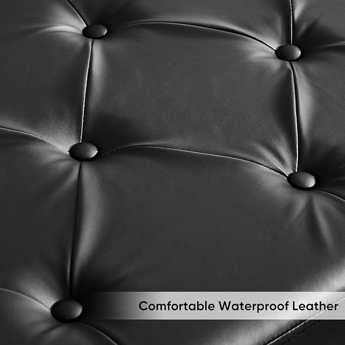 65" Leather Storage Bench, End of Bed Storage Bench King Size for Foot of Bed with Tufted Button and Gold Legs, Upholstered Faux Window Ottoman Benches with Armrests for Living Room, Black