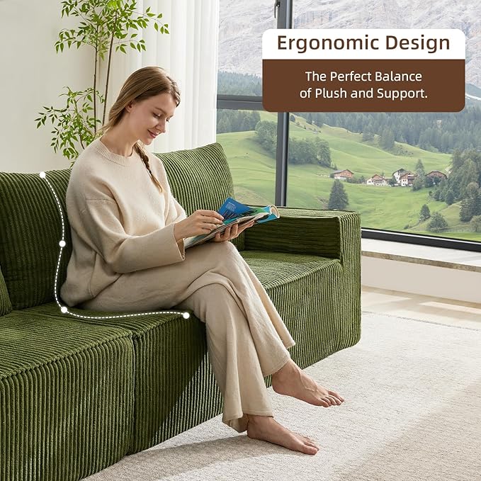 102” Boneless Modular Couch, 3 Seater Cloud Sofa for Living Room, Modern Sectional Sofa with Deep Seat, Comfy Fluffy Loveseat Couch, No Assembly Required, Green