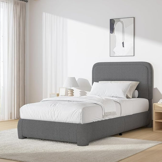 BarnFurin Twin Size Bed Frame, Boucle Upholstered Platform Bed Frame with Headboard, Modern Style, Soft Rounded Corners, No Box Spring Required, Easy Assembly, Dark Grey