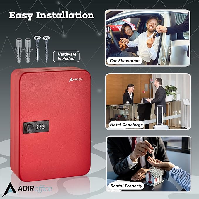 AdirOffice Key Lock Box – 48 Key Hooks Wall Mounted Key Cabinet Lock Box, Car Keys Holder Box, Lockable Key Storage Box - Metal Key Box Organizer with for Home and Office