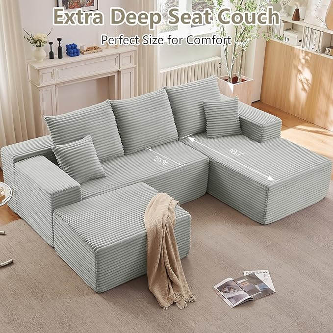 107" U-Shape Cloud Couch, Modern Modular Sectional Comfy L-Shape Sofa with Ottoman, Deep Seat, Upholstered Corduroy Sleeper Chaise Longue for Living Room Bedroom, No Assembly Required, Grey