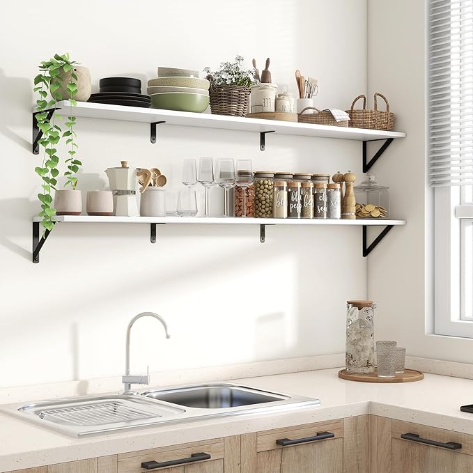 Axeman White Floating Shelves for Wall 55 Inch | 55W x 8D Rustic Wood Floating Shelves Set of 2 | 8" Deep Wall Shelves for Bathroom Kitchen Living Room | Bookshelf Display Shelves - White