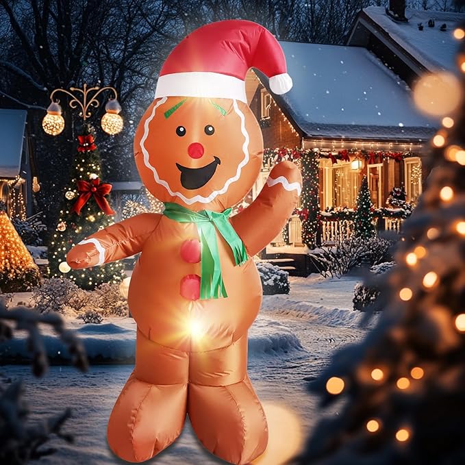 Mimi Funn 6FT Christmas Inflatable Gingerbread Man, Cute Christmas Blow Up Yard Decorations with Build-in LEDs for The Yard, Lawn, Garden