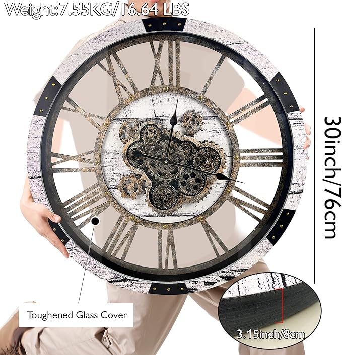 DORBOKER 30" Large Wall Clock Moving Gears,Oversized Industrial Rustic Farmhouse Clocks for Living Room Decor Office Home, Solid Wood Retro Metal HD Tempered Glass Cover, White Grey