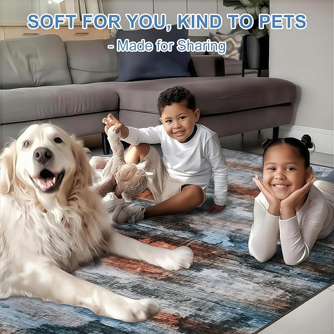 WILLSUN Washable Area Rugs, 8x10 Non-Slip Boho Large Area Rugs for Living Room, Bedroom, Machine Washable Vintage Rug, Indoor Floral Print Carpet for Home Decor, Kid & Pet Friendly Mat