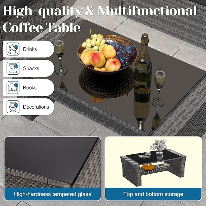 Solaste 4 Piece Outdoor Patio Furniture Set, Outdoor Sectional Sofa with Tempered Glass Coffee Table and Cushions, Wicker Rattan Patio Set for Backyard, Front Porch, Balcony, Black