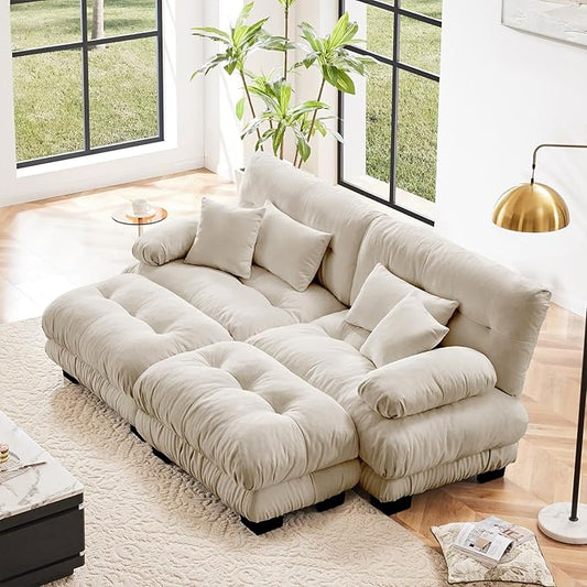 94.4" Loveseat Sofa, 2 Seater Modular Sectional Sofa, Beige Large U Shaped Sectional Couches, Fluffy Chenille Cloud Couch with Ottoman, Deep Seat for Living Room