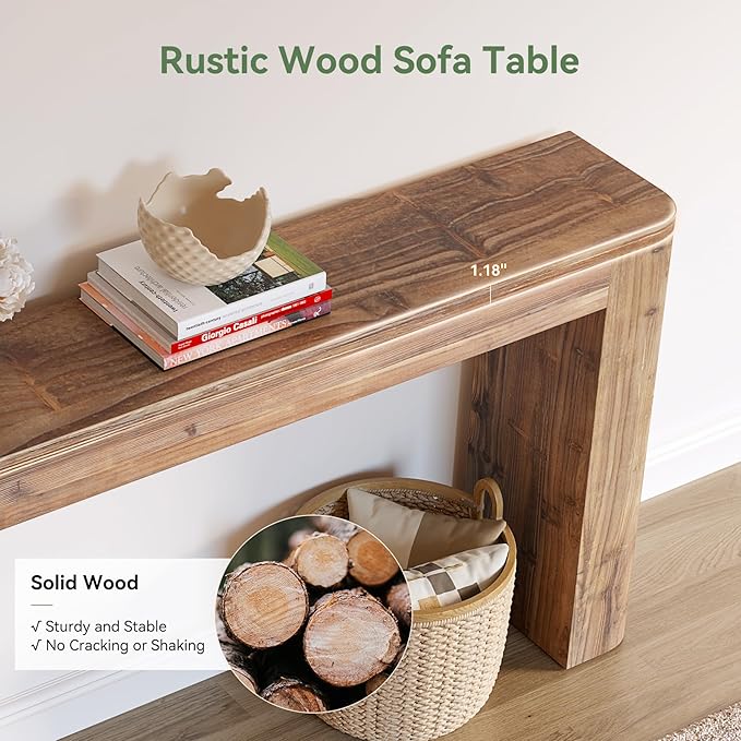 Solid Wood Console Table, 63-Inch Farmhouse Entryway Sofa Table Behind Couch for Living Room Hallway, Foyer