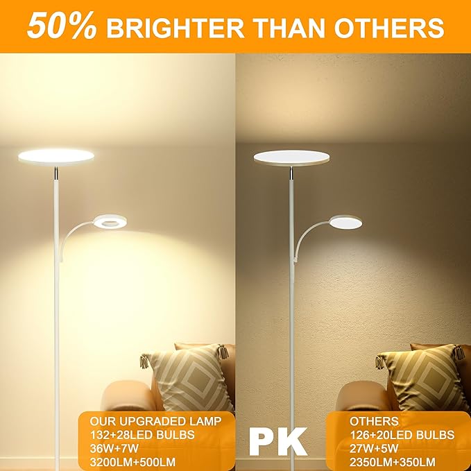 White Floor Lamp, 42W 4000LM Super Bright LED Room Lamp with Adjustable Reading Light,Dimmable Modern Standing Lamp with Remote & Touch Control for Room Bedroom Office Floor Light