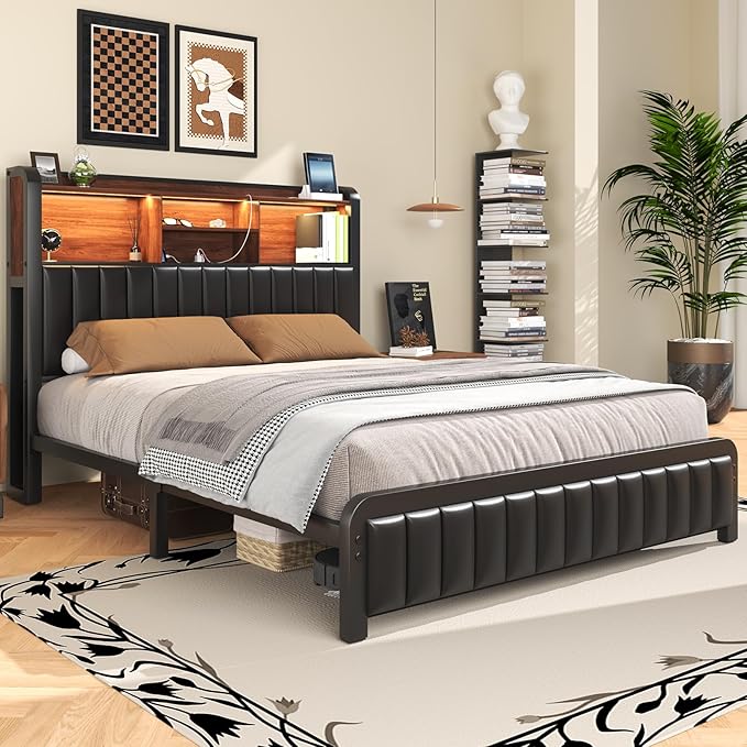 Full Bed Frame 54.3" Tall with 3-Tier Storage Headboard and PU Leather, Metal Platform Bed Frame with LED Lights and Charging Station, Noise-Free, Metal Support, No Box Spring Needed, Black