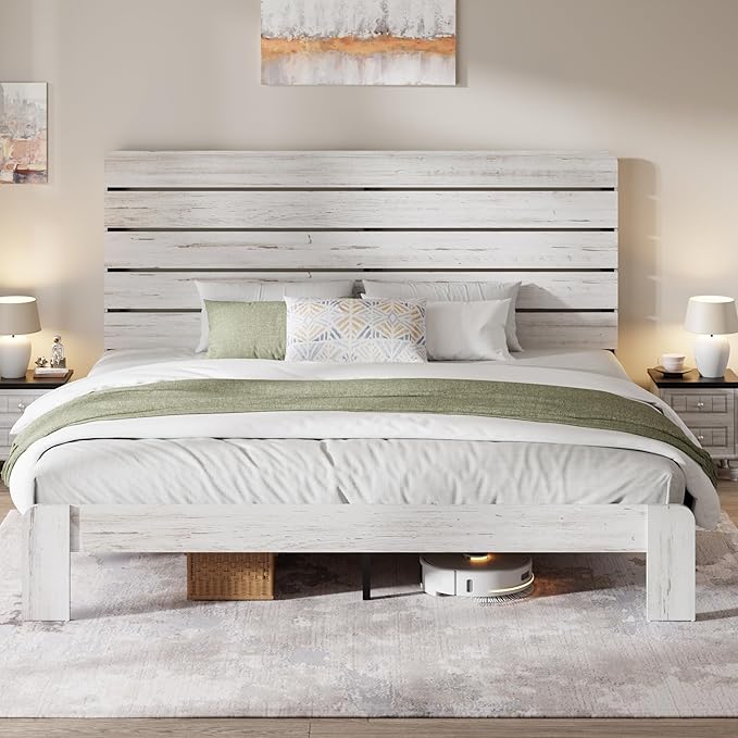 King Size Bed Frame with Wooden Headboard and Footboard, Rustic Platform Bedframe with Wood Slat Support, No Box Spring Needed, Under Bed Storage, Easy Assembly, White