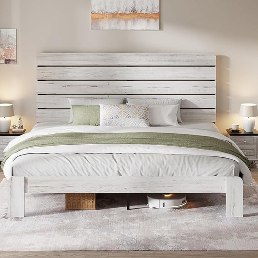 King Size Bed Frame with Wooden Headboard and Footboard, Rustic Platform Bedframe with Wood Slat Support, No Box Spring Needed, Under Bed Storage, Easy Assembly, White
