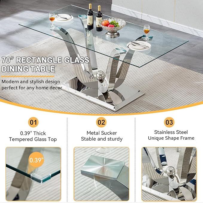 70" Modern Silver Glass Dining Table Set for 4, 5-Piece Rectangle Kitchen Dining Room Table Set with Steel Base & 4 Black Velvet Upholstered Chairs, Modern Glass Kitchen Table and Chairs Set of 4
