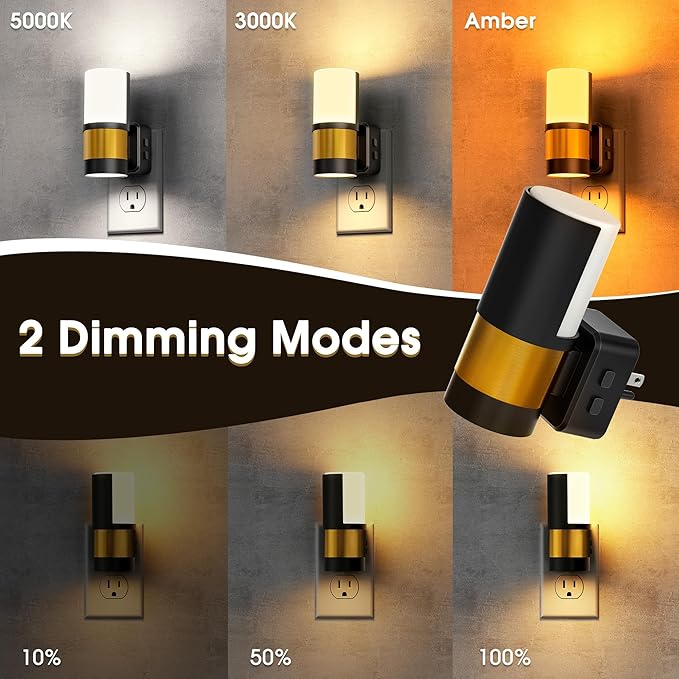 Briignite Night Lights Plug into Wall, Dimmable 3CCT Night Light for Kids, 2 Pack Amber/3000K/5000K Adjustable NightLights Plug in, 360° Rotation, Dusk to Dawn Sensor, Nightlight for Bedroom Hallway