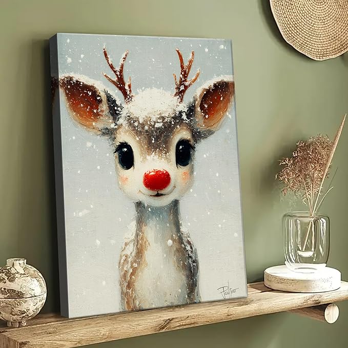 Funny Red Nose Deer Christmas Canvas Wall Art - Whimsical Framed Winter Wall Art for Living Room & Office, Cute Christmas Wall Decor with Wood Frame, Playful Christmas Gifts & Cozy Winter Decor