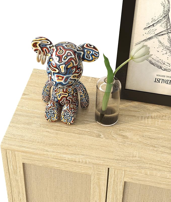 Panana Buffet Cabinet Sideboard with Rattan Decorated Doors Kitchen Storage Cupboard Accent Cabinet (Natural Wood)