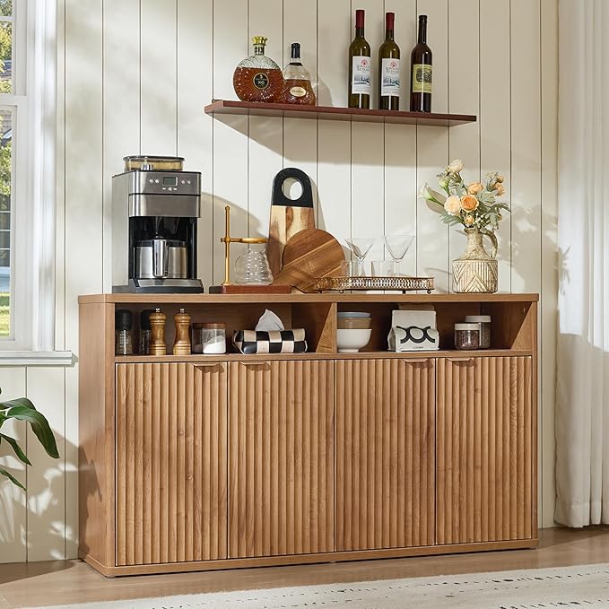 LEYAOYAO Fluted Buffet Cabinet with Storage, 55" Wide Wood Sideboard Credenza with 4 Doors & Open Storage Shelf, Modern Kitchen Console Accent Cabinets, Coffee Bar Table for Dining Room, Tea Brown