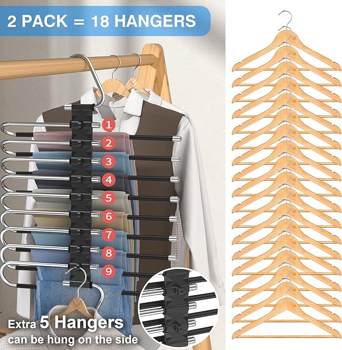Upgrade 9 Layers Pants Hangers Space Saving, 2 Pack Non Slip Stainless Steel Multifunctional Pants Rack Closet Pant Hanger Organizer with Hooks for Pants Jeans Trousers Dorm Room Essentials, Black