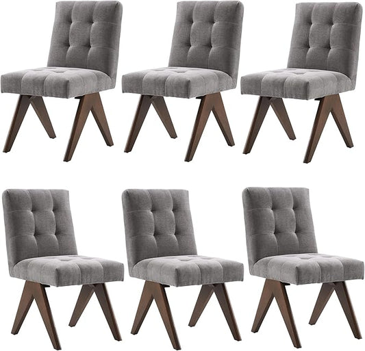 Rowill Modern Upholstered Dining Chairs Parsons Chair Linen Fabric Kitchen Chairs Tufted Armless Dining Room Chairs with Wood Legs Set of 6, Light Grey