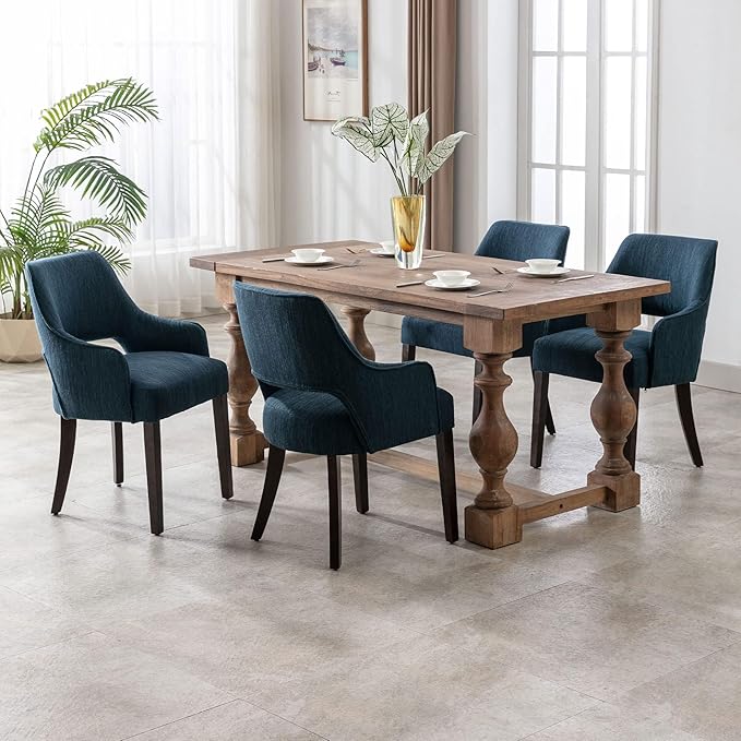 Linen Dining Chairs Set of 4 Upholstered Farmhouse Kitchen Chair Accent Chairs Side Chair with Wood Legs for Living Room/Dining Room/Bedroom/Restaurant, Blue