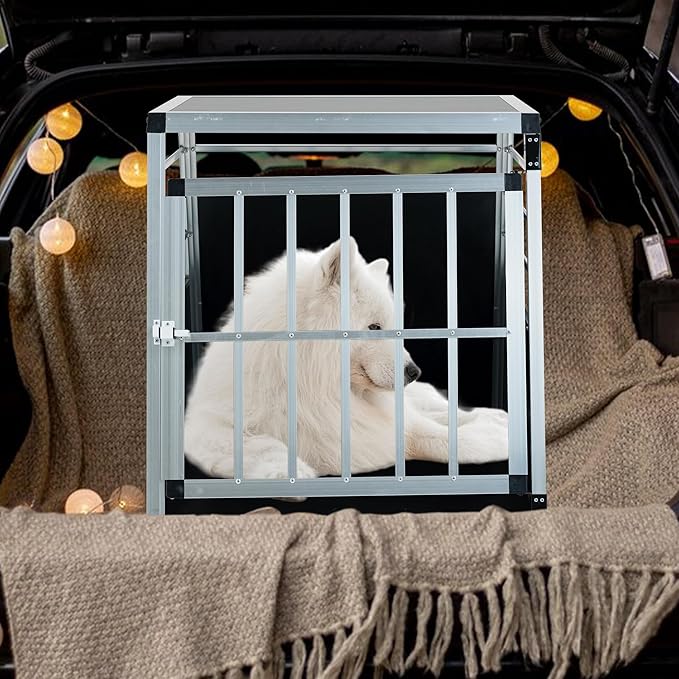 Single Doors Aluminium Pet Car Transport Crate, Lockable Travel Dog Cage, Sturdy Construction for Small Dogs and Cats, Portable Puppy Carrier for Car Use