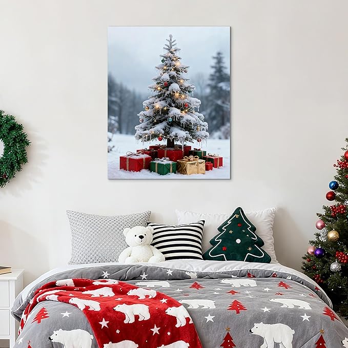 Framed Christmas Pictures Wall Decor,Vintage Pine Tree Prints,Winter Christmas Canvas Wall Art Decoration for Bedroom Bathroom Living Room Rustic Xmas Holiday Gifts (Christmas Tree 11, 16'' X 24'')