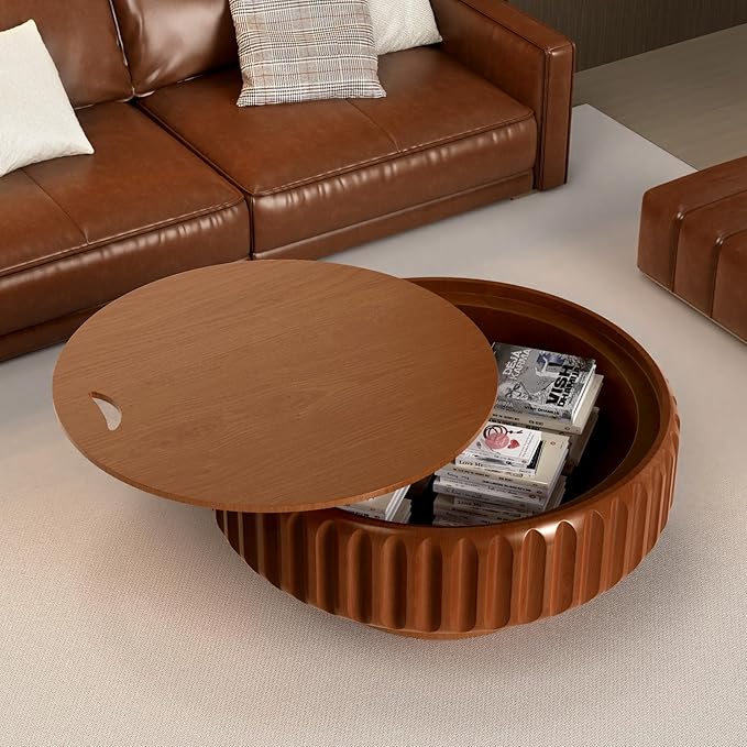 Round Coffee Tables with Storage Fluted Drum Coffee Table with Solid Wood Relief, Modern Circle Wooden Coffee Tables Brown Center Table Accent Tea Table for Living Room Apartment (Round 31.5'')