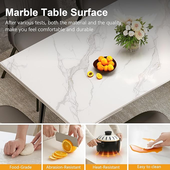 Expandable Rectangular Dining Table (62.9" to 94.4") – Modern White Sintered Stone Top, Adjustable Table for 6 to 10 People for Dining Room Family Gathering