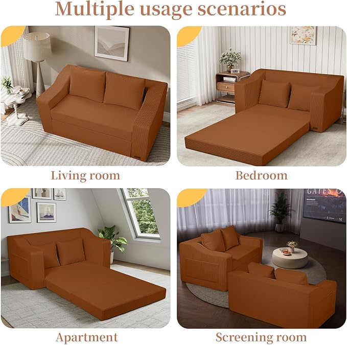 MeMoreCool Convertible Sofa Bed, Pull Out Loveseat Sofa Sleeper Couch for Bedroom Living Room Lounge, 2 in 1 Small Couch Bed with Pillow, Foldable Love Seat Futon Corduroy Orange