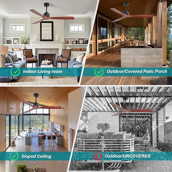 Sofucor Ceiling Fan without Lights, 60 Inch Low Profile Flush Mount Mordern Wood Ceiling Fan with Remote for Indoor Farmhouse Bedroom Living Room Outdoor Patio Porch, Reversible DC Motor, Noiseless