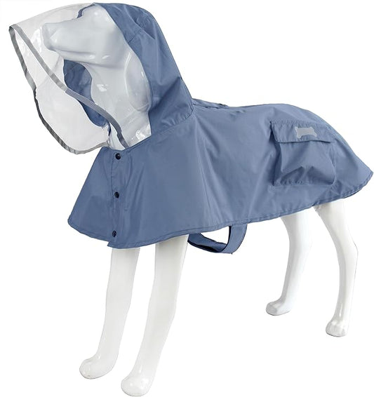 Waterproof Dog Raincoat, Adjustable Reflective Lightweight Pet Rain Clothes with Poncho Hood(X-Large, Blue&Grey)
