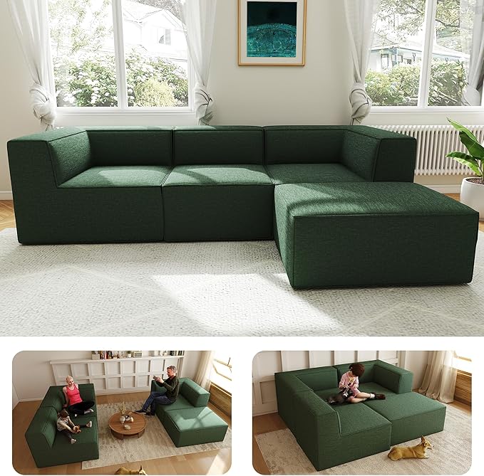 106" Sectional Compressed Sofa Modular Couches L-Shape with Chaise,High-Density Foam No Assembly Required,4-Piece(2xCorner 1xArmless 1xOttoman) for Living Room Chenille Green