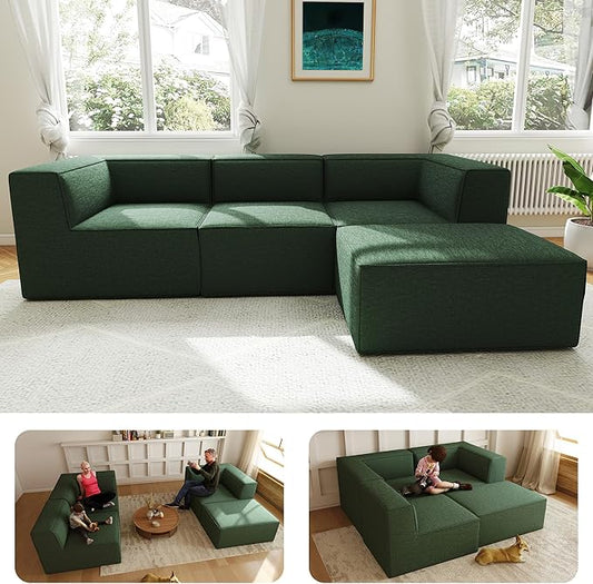 106" Sectional Compressed Sofa Modular Couches L-Shape with Chaise,High-Density Foam No Assembly Required,4-Piece(2xCorner 1xArmless 1xOttoman) for Living Room Chenille Green