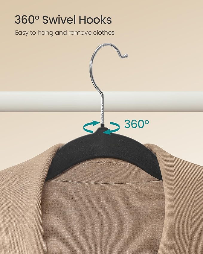 SONGMICS Velvet Hangers 60 Pack, Non-Slip Clothes Hangers with Silver-Colored Swivel Hooks, Slim Space-Saving for Closet, Heavy-Duty, Black UCRF036BZ02S