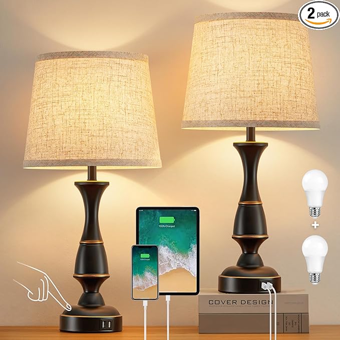 Luvkczc Touch Table Lamps Set of 2, 22" Tall Bedside Lamps with Dual USB A Ports, Dimmable Nightstand Lamps for Bedroom, Living Room, Office, Black Lamps with Beige Lampshade, Bulb Included