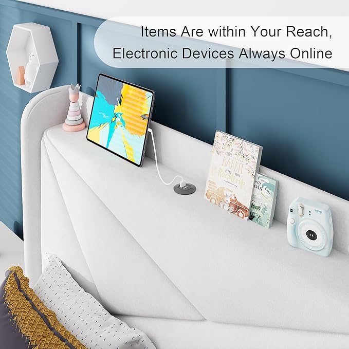 Feonase Twin Size Bed Frame with Charging Station, Upholstered Linen Bedframe with Wingback Headboard, Solid Wood Slats Support, No Box Spring Needed, Noise Free, White