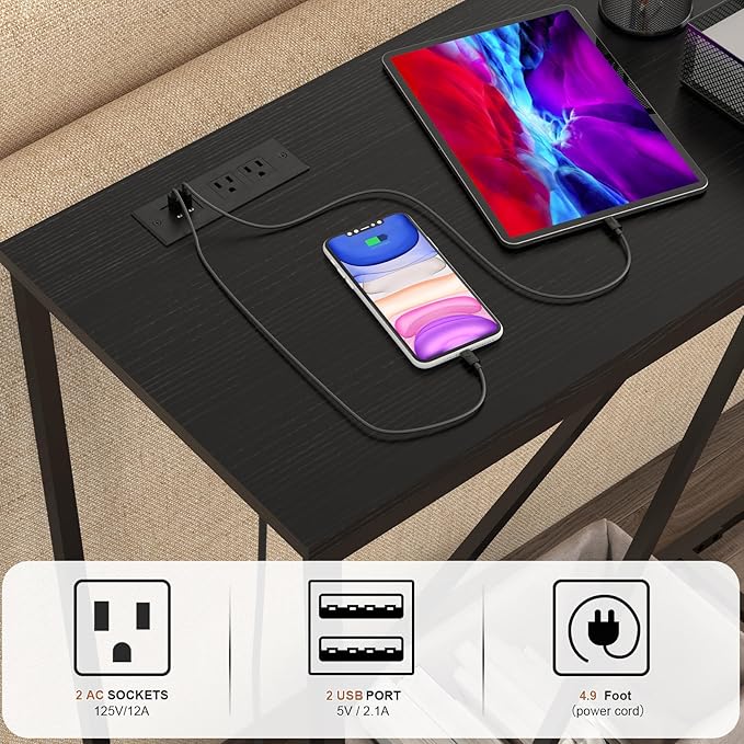 Console Table, 51" W × 12" D × 31.5" H Sofa Table Behind Couch, Entryway Table with Electrical Outlet & USB Ports, Industrial Pyramid Metal Base Console Table for Entryway, Black Wood