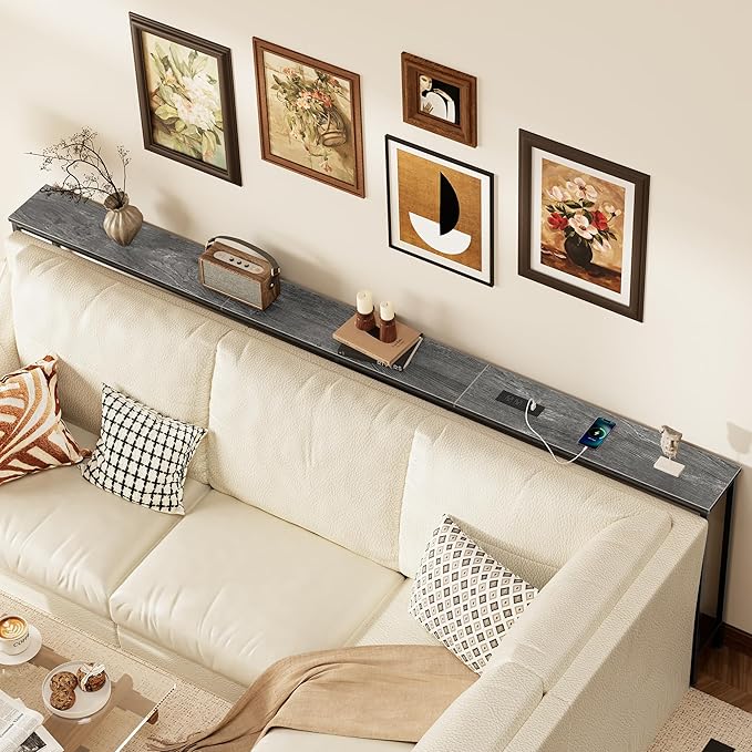 SUPERJARE 102.4 Inch Sofa Table with Power Outlets and USB-C Port, 5.9 Inch Narrow Console Tables, Entryway Hallway Couch Tables with Storage, Behind Sofa, Small Spaces, Living Room, Grey